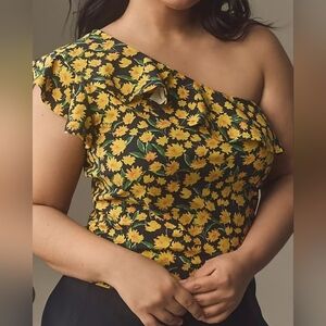 Maeve Anthropologie Women's One-Shoulder Ruffled Top, Yellow Flowers